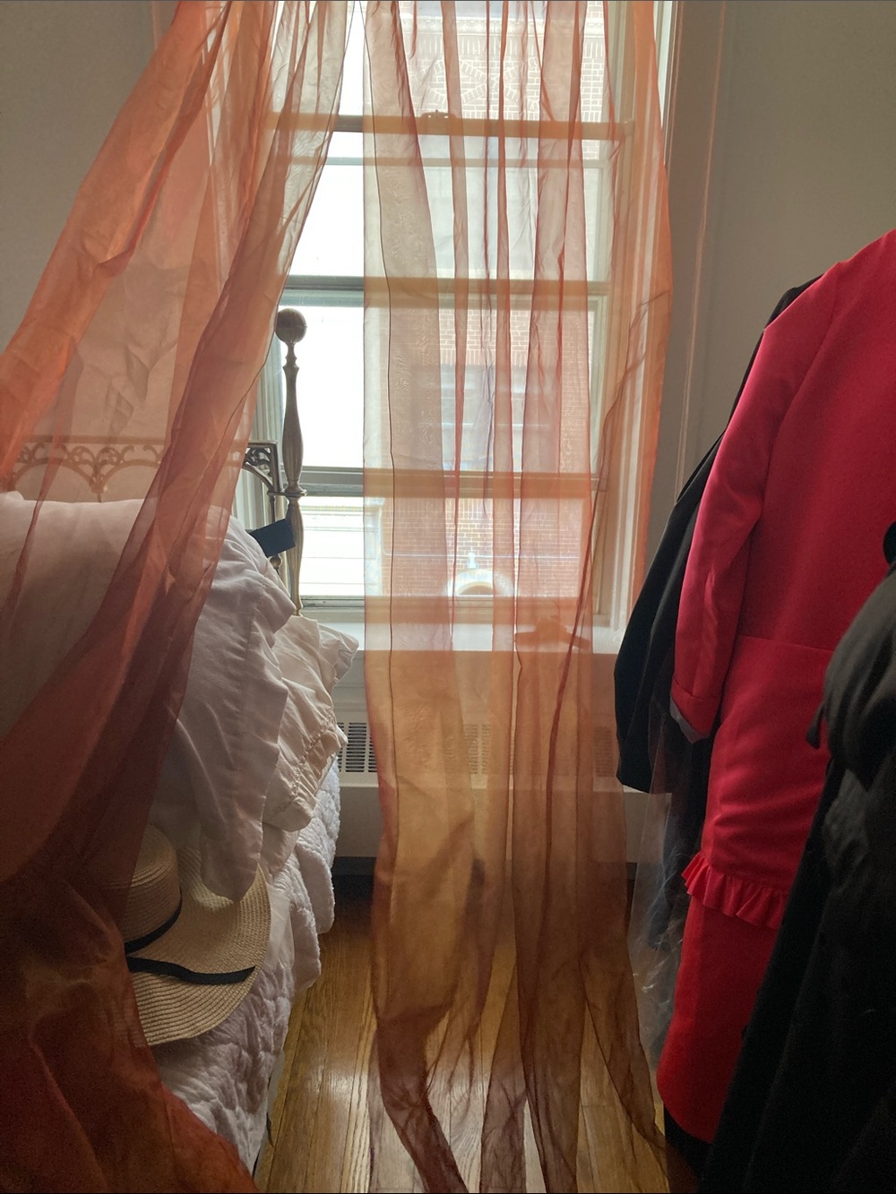 Spectacular French MADURA sheer raspberry/orange drapes